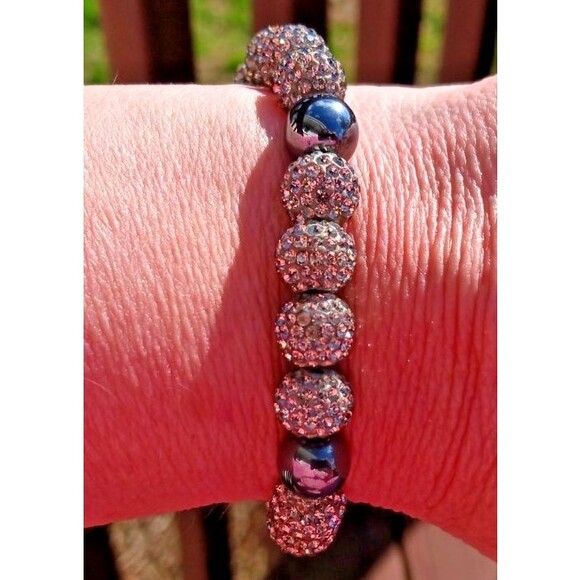 VTG Womens 10mm Crystal Pave Disco Balls & Beads Stretch Bracelet Estate Jewelry - Picture 4 of 4